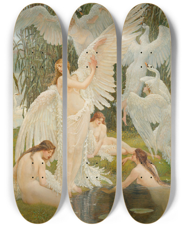 Triptych art skateboard deck of Walter Crane The Swan Maidens by Walter Crane (1845-1915)