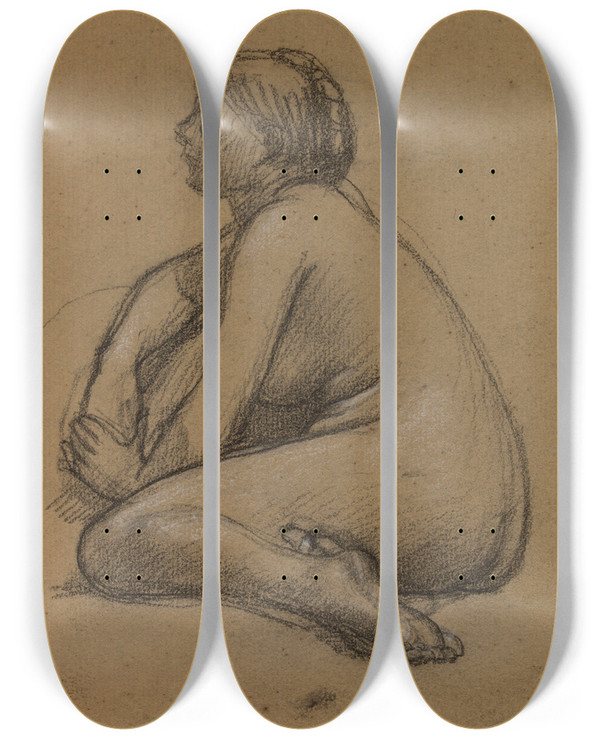 Triptych art skateboard deck of Pierre Puvis De Chavannes Femme Nue Accroupie by Pierre Puvis De Chavannes (1824-1898)