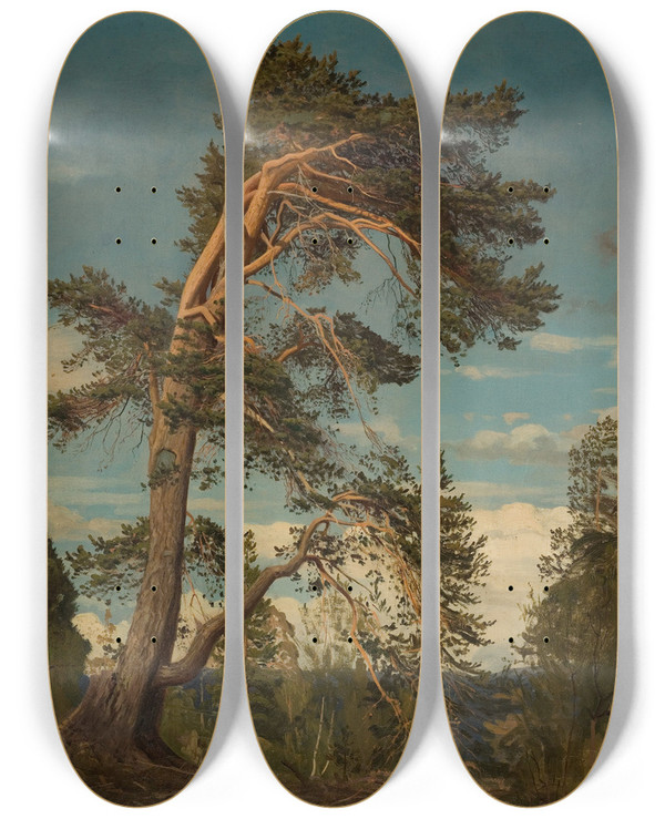 Triptych art skateboard deck of Amaldus Nielsen Gammel Furu Verst I Setesdal by Amaldus Nielsen (1838-1932)