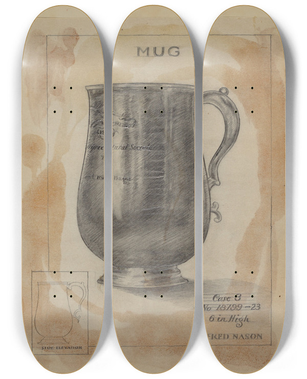 Triptych art skateboard deck of Alfred Nason Silver Mug_1 by Alfred Nason