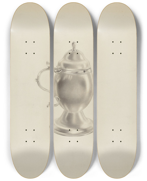 Triptych art skateboard deck of Hester Duany Silver Mustard Pot by Hester Duany (1891-1964)