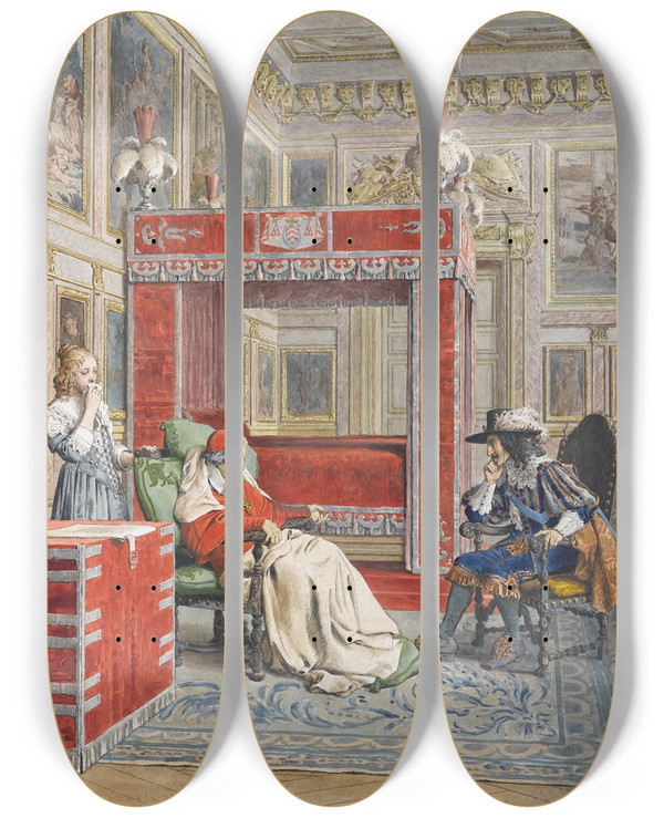 Triptych art skateboard deck of Maurice Leloir La Mort De Richelieu by Maurice Leloir (1853-1940)