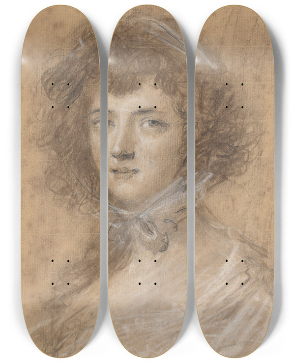 Triptych art skateboard deck of Sir Joshua Reynolds Head And Bust Of A Woman by Sir Joshua Reynolds (1723-1792)