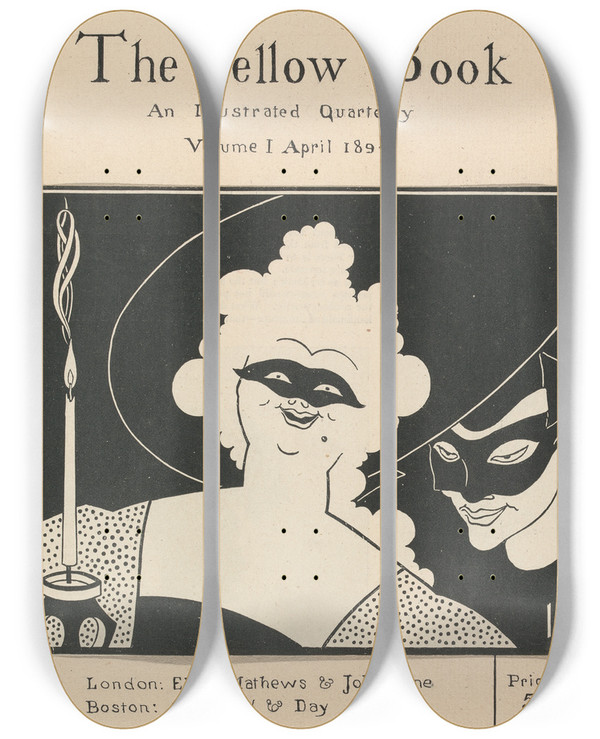 Triptych art skateboard deck of Aubrey Vincent Beardsley Cover Of The Yellow Book An Illustrated Quarterly Volume I April 1894 by Aubrey Vincent Beardsley (1872-1898)