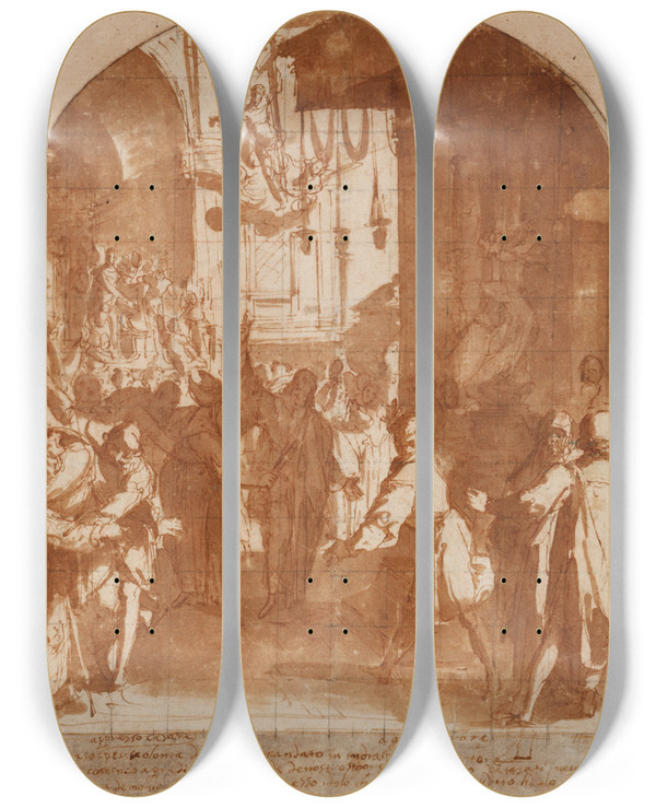 Triptych art skateboard deck of Bernardino Poccetti Das Martyrium Des Apostels Thomas by Bernardino Poccetti (1548-1612)