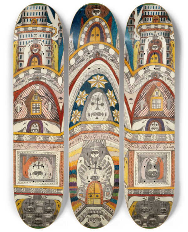 Triptych art skateboard deck of Adolf Wlfli Westfrontt Des Zehntheiligen Skt Adolfkathedralschiffes In Skt Adolfheim by Adolf Wolfli (1864-1930)