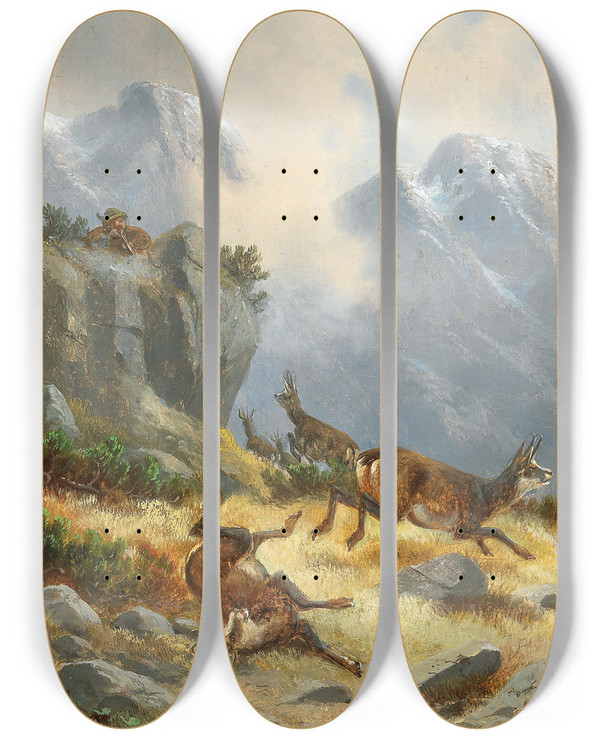 Triptych art skateboard deck of Moritz Mller Hunting Chamois by Moritz Melzer (1841-1899)