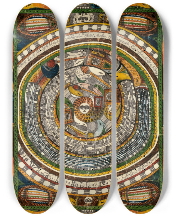 Triptych art skateboard deck of Adolf Wlfli Die Wanduhrschlange Ein Zohohrn Stund Lang by Adolf Wolfli (1864-1930)