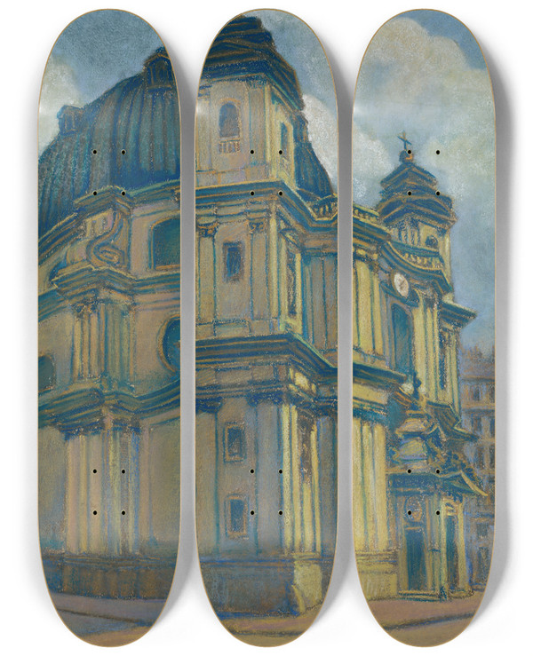 Triptych art skateboard deck of Kontantn Bauer Kostol Vo Viedni by Konstantin Bauer (1893-1928)
