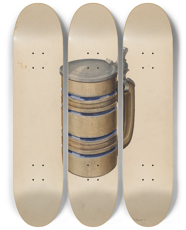 Triptych art skateboard deck of Arthur Mathews Stoneware And Pewter Beer Mug by Arthur Mathews