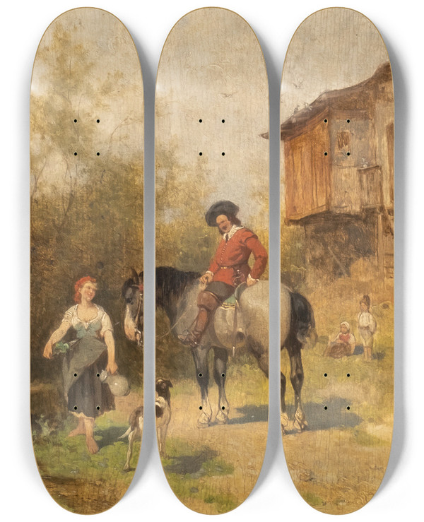 Triptych art skateboard deck of Julius Noerr Mercenary And Maid by Julius Noerr (1827-1897)