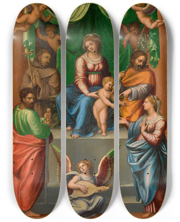 Triptych art skateboard deck of Innocenzo Da Imola The Madonnaand Child Enthroned With Saintpaul Saint Francis Of Assisisaint Joseph Andmary Magdalen by Innocenzo da Imola (1490-1550)