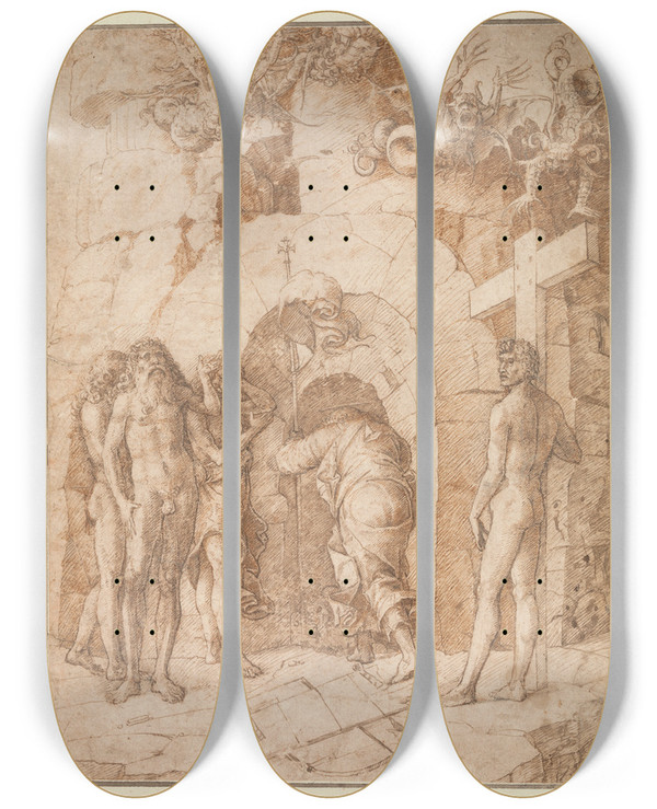 Triptych art skateboard deck of Circle Of Andrea Mantegna The Descent Into Limbo by Circle Of Andrea Mantegna (1431-1506)