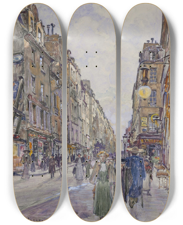 Triptych art skateboard deck of Frdric Houbron Rue De Bretagne En 1908 3Me Arrondissement by Frederic Houbron (1851-1908)