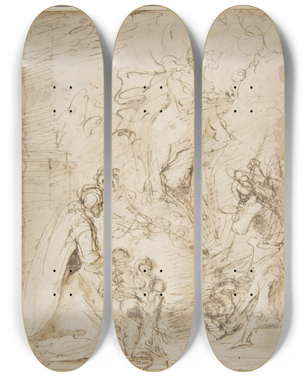 Triptych art skateboard deck of Salvator Rosa An Apparition by Salvator Rosa (1615-1673)
