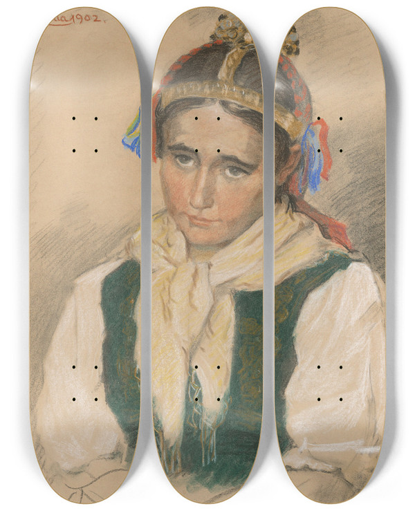 Triptych art skateboard deck of Jozef Hanula Za Frajerom by Jozef Hanula (1863-1944)