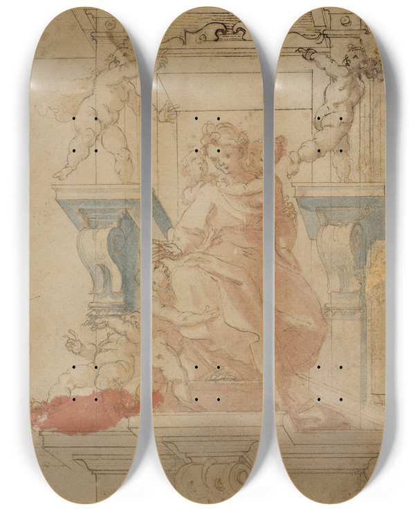 Triptych art skateboard deck of Domenico Piola St Antony Of Padua by Domenico Piola (1627-1703)