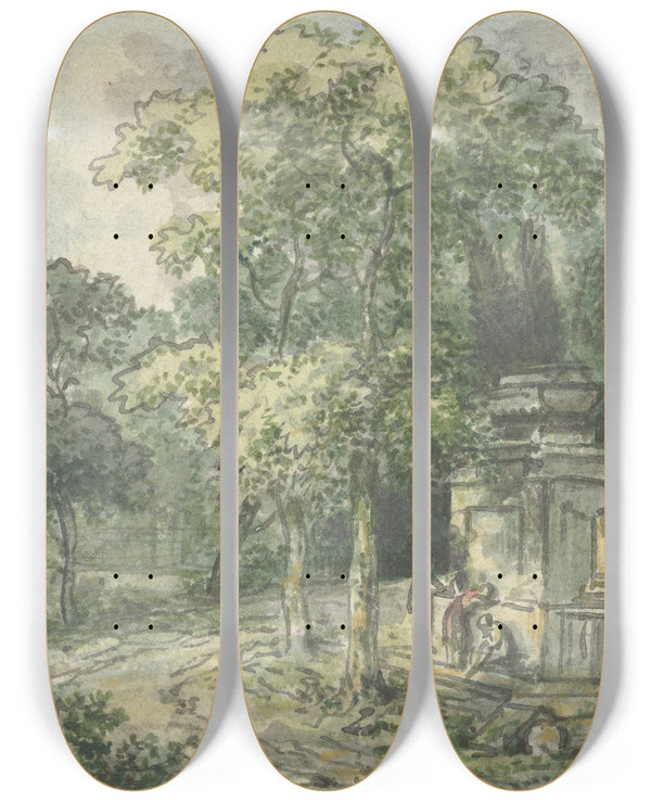 Triptych art skateboard deck of Jurriaan Andriessen Landschap Met Fontein by Jurriaan Andriessen (1742-1819)