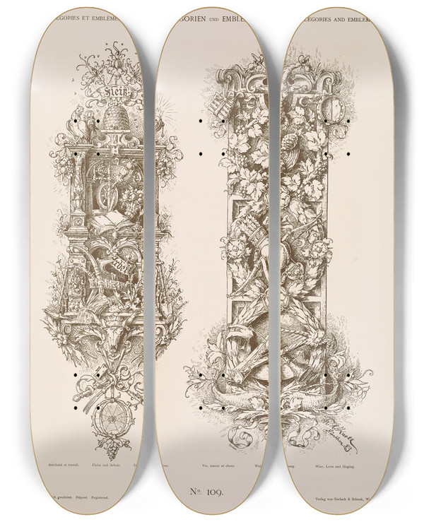 Triptych art skateboard deck of Albert Ilg Allegorien Und Embleme Vol I Pl128 by Albert Ilg (1847-1896)