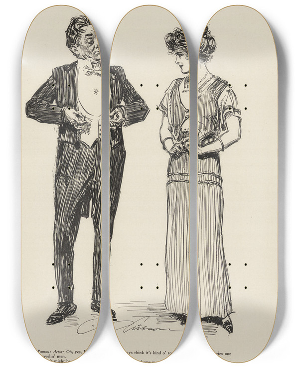 Triptych art skateboard deck of Charles Dana Gibson Famous Actor Oh Yes Im Married by Charles Dana Gibson (1867-1944)
