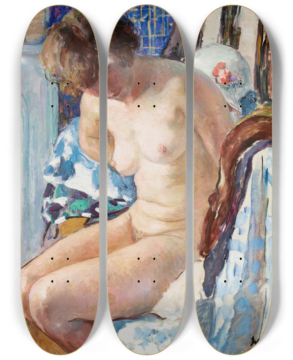 Triptych art skateboard deck of Henri Lebasque Nu Assis Prs De La Chemine by Henri Lebasque (1865-1937)