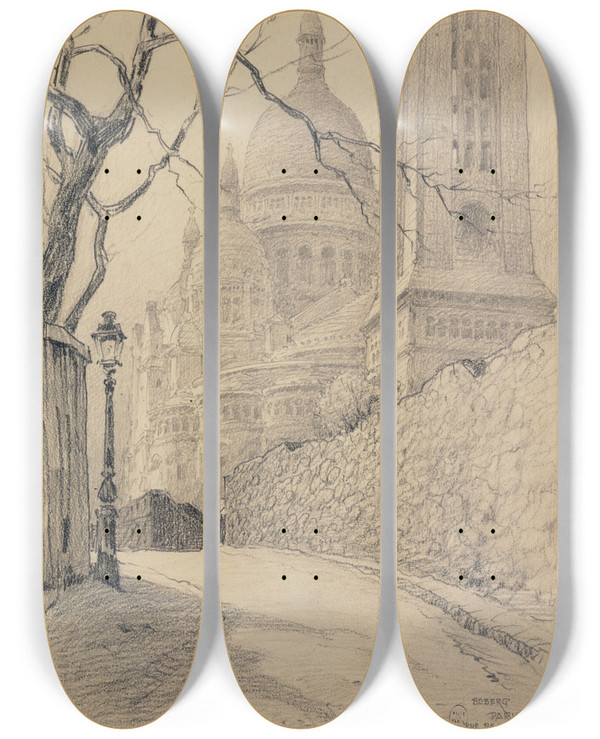 Triptych art skateboard deck of Ferdinand Boberg Rue De La Bonne by Ferdinand Boberg (1860-1946)