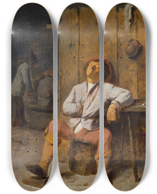 Triptych art skateboard deck of Adriaen Brouwer A Boor Asleep by Adriaen Brouwer (1605-1638)