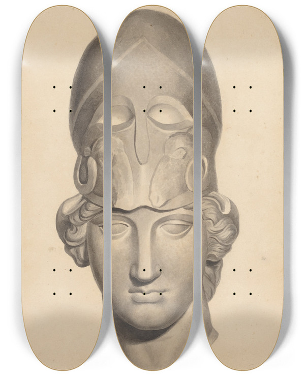 Triptych art skateboard deck of John Flaxman Antique Head With A Helmet by John Flaxman (1755-1826)