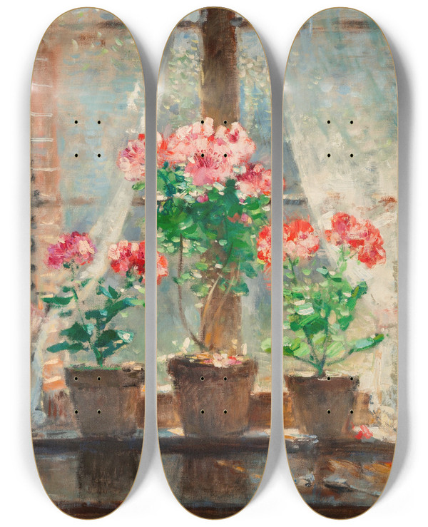 Triptych art skateboard deck of Pierreeugne Montzin Geraniums by Pierre-Eugne Montzin (1874-1946)