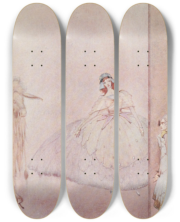 Triptych art skateboard deck of Harry Clarke Curiosity Made Him Put His Eye To The Keyhole by Harry Clarke (1889-1931)