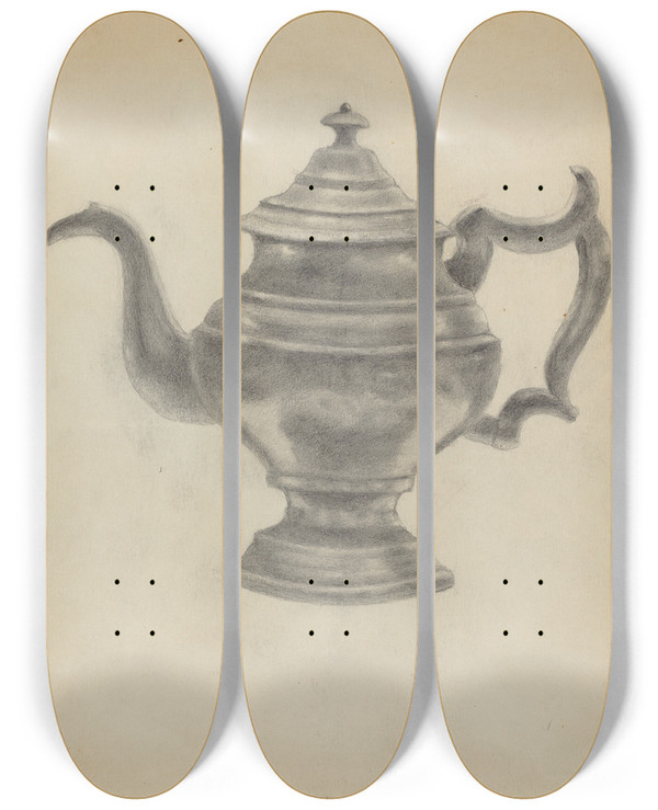 Triptych art skateboard deck of Aaron Dermansky Pewter Teapot by Aaron Dermansky