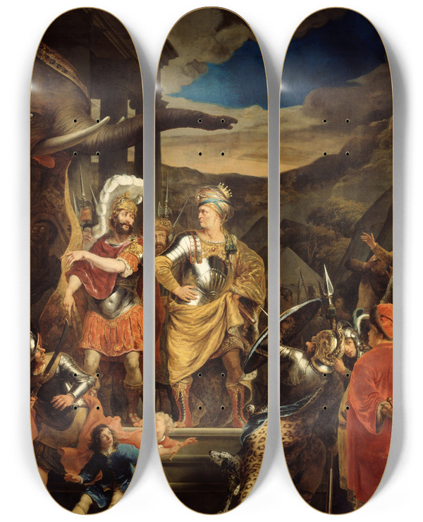Triptych art skateboard deck of Ferdinand Bol Fabritius And Pyrrhus by Ferdinand Bol (1616-1680)