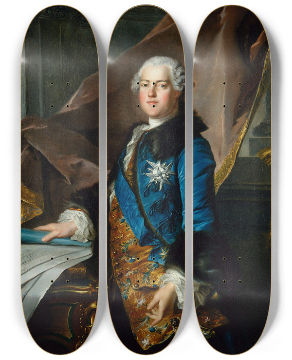 Triptych art skateboard deck of Louis Tocqu Portrait Dabel Poisson Marquis De Marigny by Louis Tocque (1696-1772)