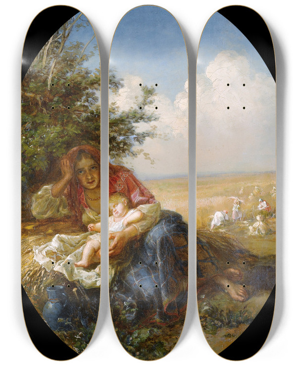 Triptych art skateboard deck of Nikolai Efimovich Rachkov Mother And Child In The Wheat Field by Nikolai Efimovich Rachkov (1825-1895)