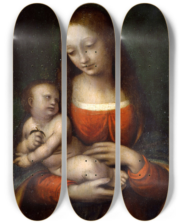 Triptych art skateboard deck of Giampietrino Giovanni Pietro Rizzoli The Virgin And Child Icosidodecahedron by Giampietrino (Giovanni Pietro Rizzoli) (1520)