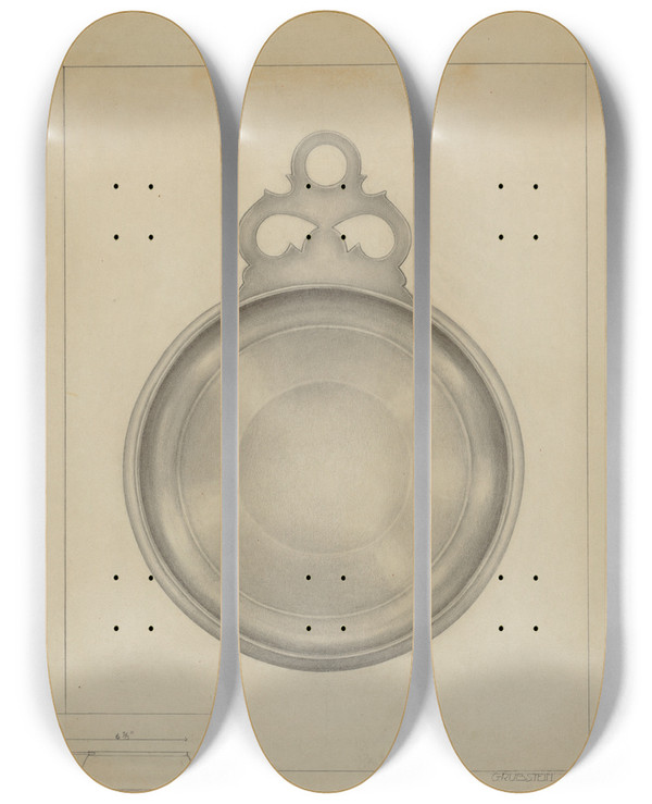 Triptych art skateboard deck of Milton Grubstein Silver Porringer by Milton Grubstein