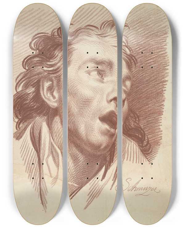 Triptych art skateboard deck of Jakob Matthias Schmutzer Head Of A Youth With Open Mouth by Jakob Matthias Schmutzer (1733-1811)