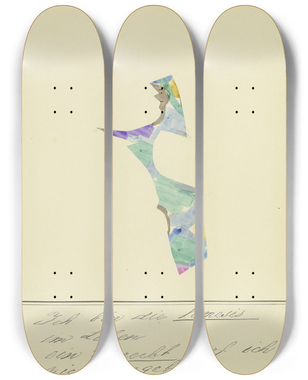 Triptych art skateboard deck of John Elsas Ich Bin Die Nemesis by John Elsas (1851-1935)