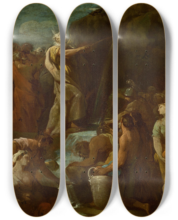 Triptych art skateboard deck of Antonio Gonzlez Velzquez Moses Brings Forth Water Out Of The Rock by Antonio Gonzalez Velazquez (1723-1794)