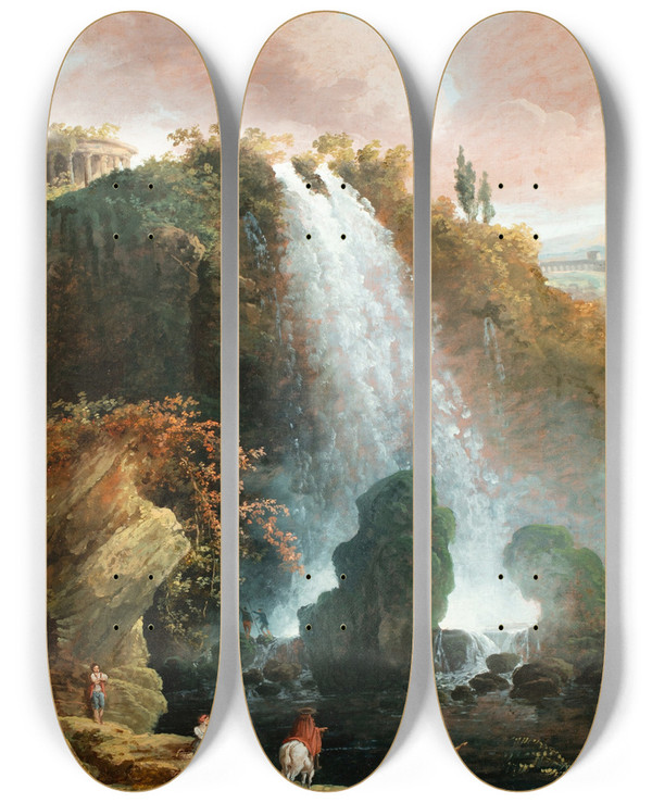 Triptych art skateboard deck of Hubert Robert The Tivoli Waterfalls With The Temple Of The Sibyl by Hubert Robert (1733-1808)