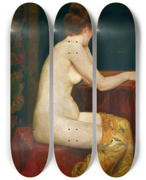 Triptych art skateboard deck of Sigismund Righini Female Sitting Nude by Sigismund Righini (1870-1937)
