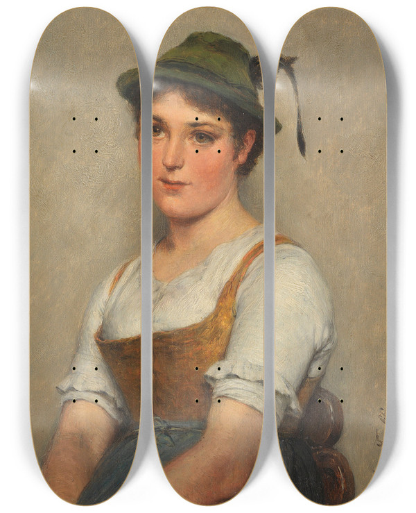 Triptych art skateboard deck of Hugo Kauffmann Junges Mdel Mit Grnem Hut by Hugo Kauffmann (1844-1915)