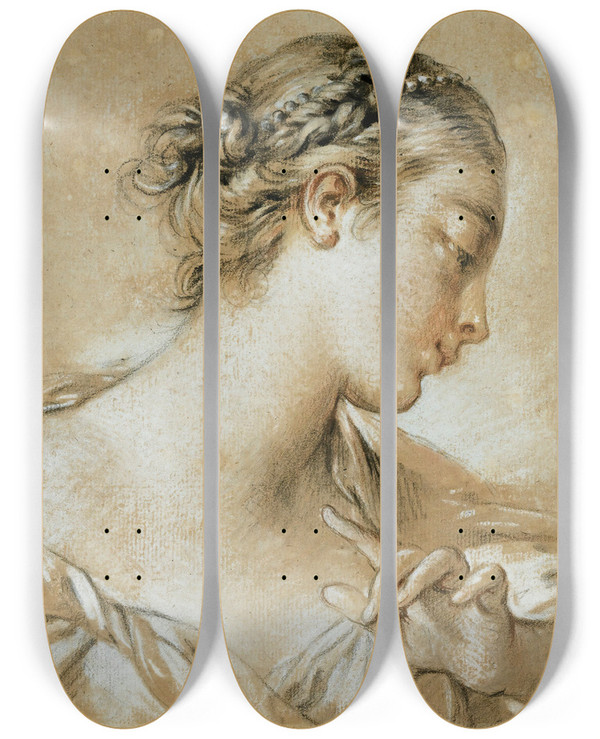 Triptych art skateboard deck of Franois Boucher Study Of The Head Of A Young Girl With Pearls In Her Hair by Francois Boucher (1703-1770)