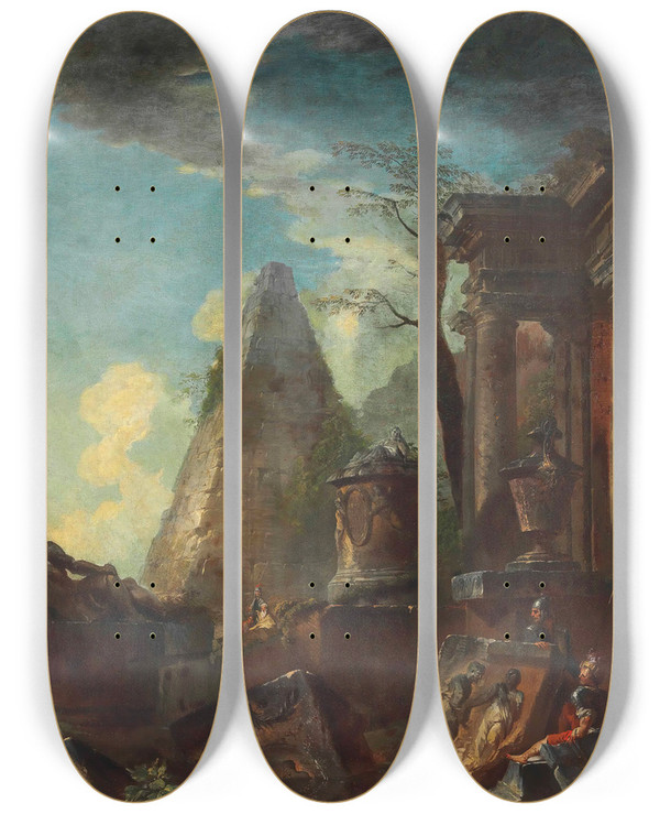Triptych art skateboard deck of Giovanni Paolo Panini A Capriccio Of Classical Ruins With The Pyramid Of Cestius Beyond by Giovanni Paolo Panini (1691-1765)