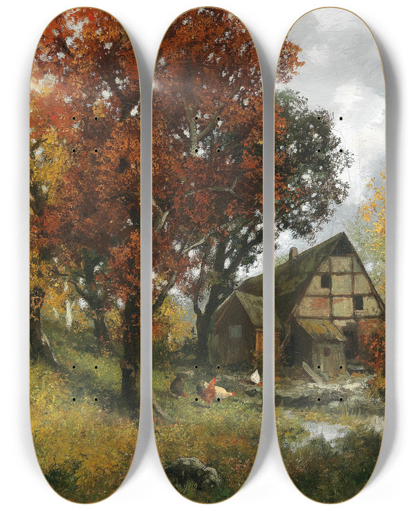 Triptych art skateboard deck of Adolf Kaufmann Mhle Im Herbstwald by Adolf Kaufmann (1848-1916)