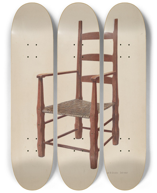 Triptych art skateboard deck of Roger Deats Ladder Back Chair by Roger Deats