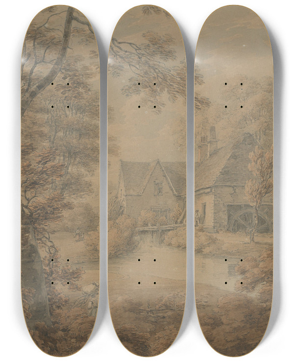 Triptych art skateboard deck of Thomas Hearne Foxley Mill Near Malmesbury by Thomas Hearne (1744-1817)