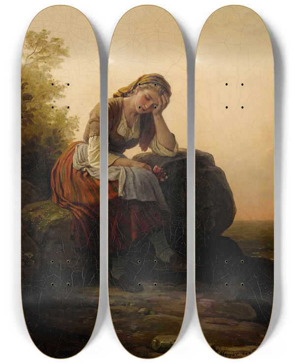 Triptych art skateboard deck of Johann Georg Meyer Von Bremen Meditation by Johann Georg Meyer Von Bremen (1813-1886)