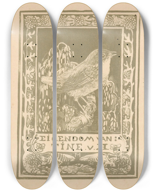 Triptych art skateboard deck of Theo Van Hoytema Ex Libris Van Tine Van Hoytema by Theo Van Hoytema (1863-1917)