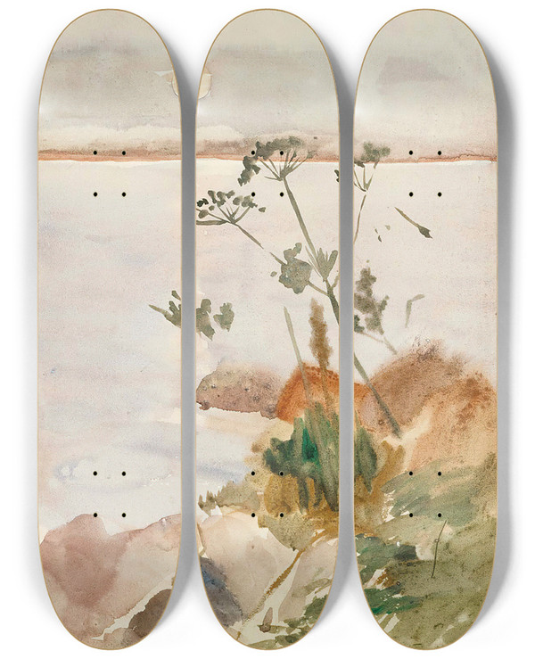 Triptych art skateboard deck of Albert Edelfelt Seashore In The Moonlight by Albert Edelfelt (1854-1905)